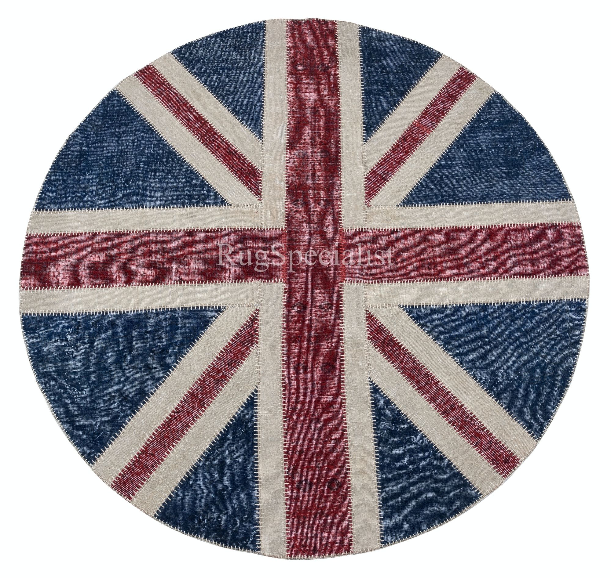 Alfombra redonda de patchwork hecha a mano de 2,5 x 2,5 m. Alfombra con diseño de bandera británica Union Jack