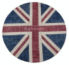 8x8 Ft Round Handmade Patchwork Rug. Union Jack British Flag Design Carpet