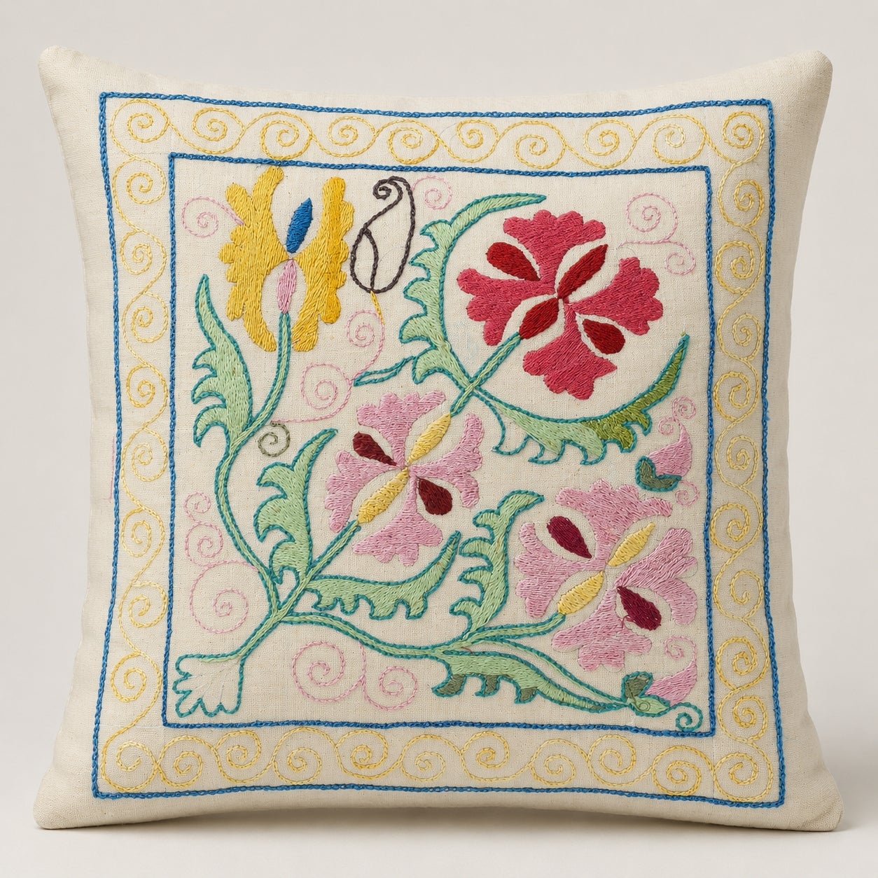 19"x19" Silk Embroidery Cushion Cover. Colorful Handmade Accent Pillow Cover