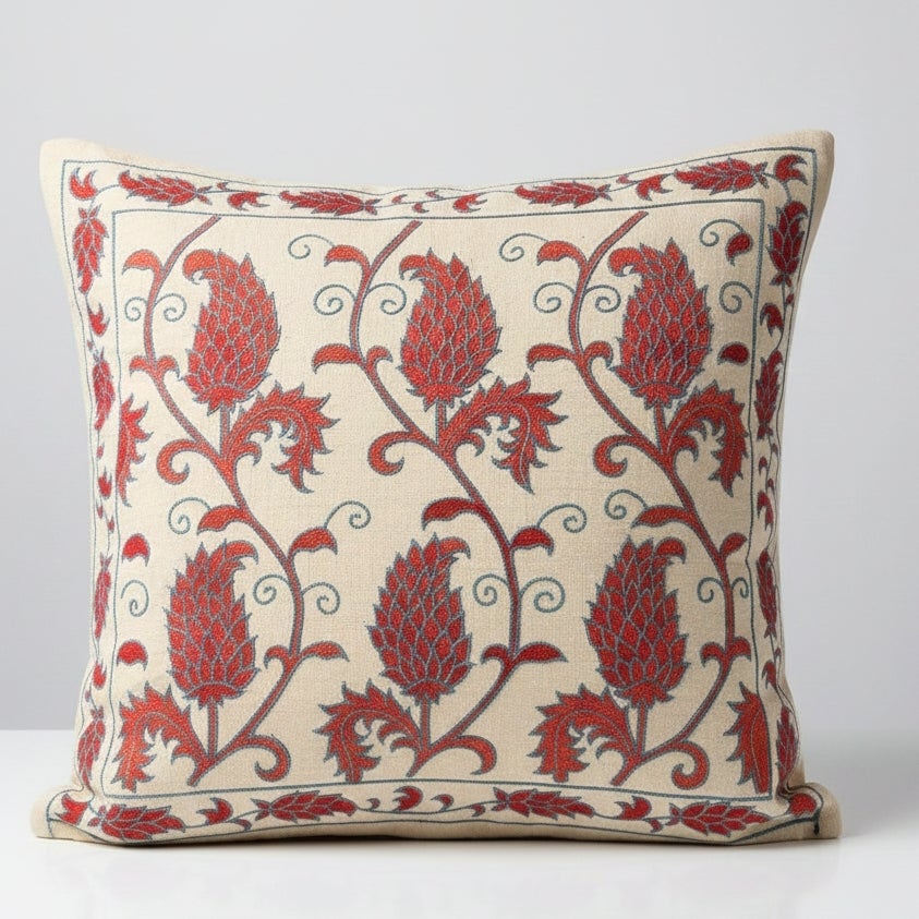 20"x19" Red Cushion Cover. 100% Silk Lace Pillow. Hand Embroidered Pillowcase