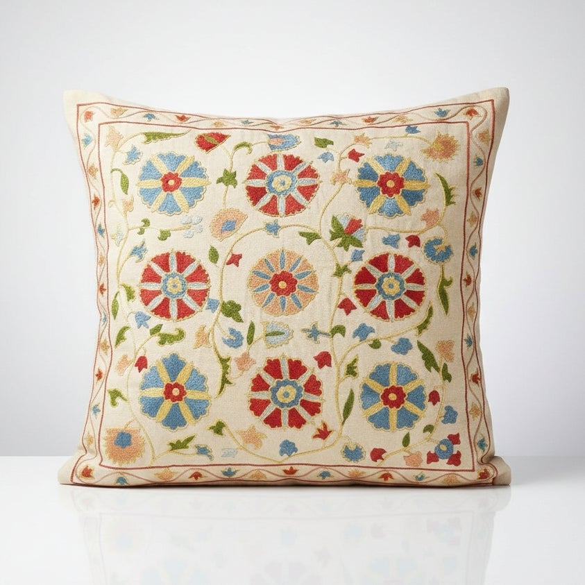 20"x20" 100% Silk Embroidered Pillow Cover. Colorful Handmade Cushion Cover