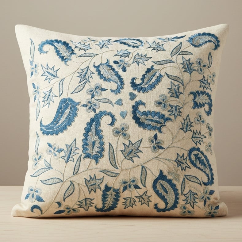 20"x20" 100% Silk Pillow. Blue Cushion Cover. Embroidered Throw Pillow Cover For Sale