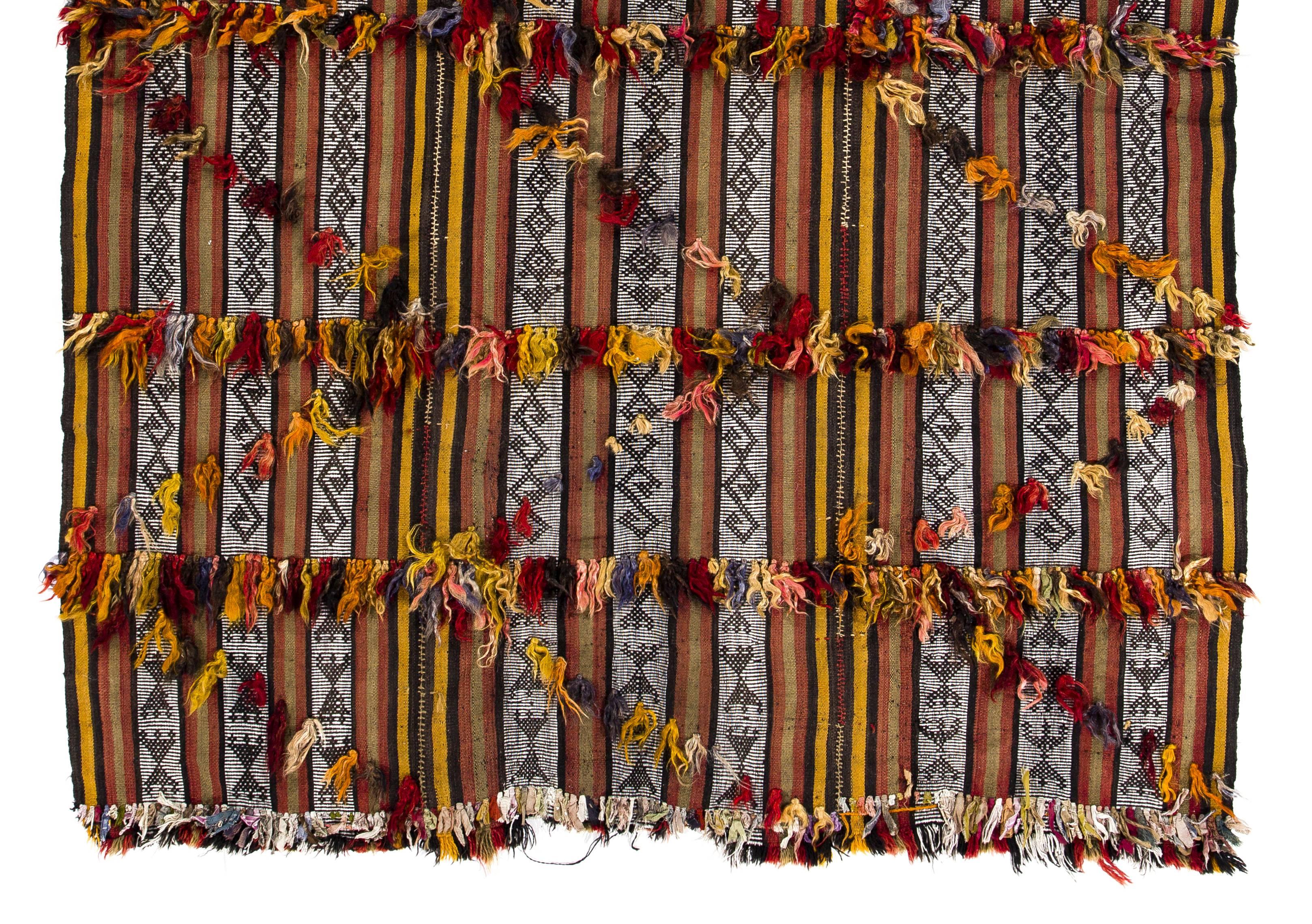 Bohemian Nomadic Anatolian Kilim with Colorful Poms