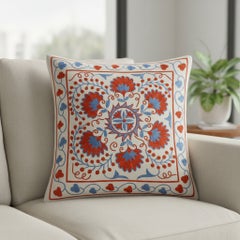 18"x18" Silk Cushion Cover. Embroidered Accent Pillow. Red & Blue Throw Pillow
