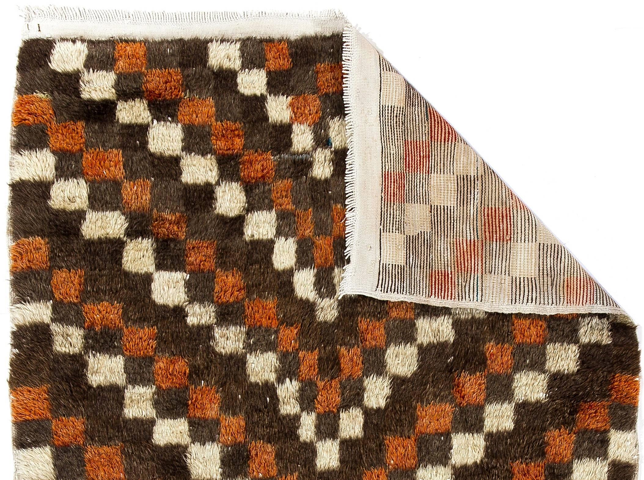 Mid-Century Modern Handmade Turkish Checkered Design Wool Tulu Rug. Carpet Custom Options Available For Sale