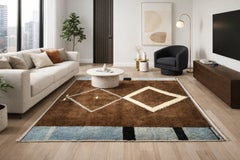 6.3x8.8 Ft Brown Hand-Knotted Tulu Rug with Ivory Diamond Motifs. 100% Wool