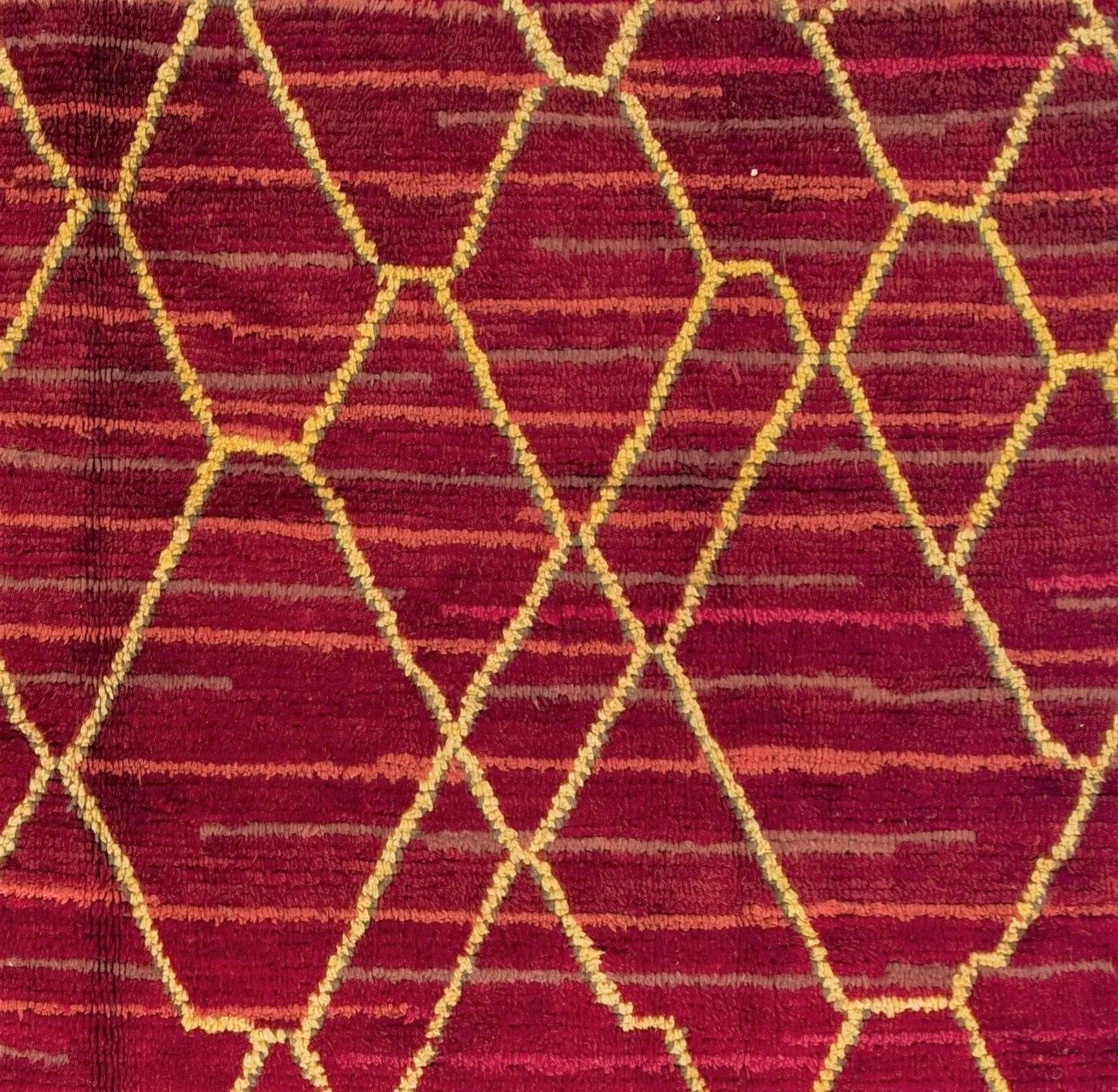Hand-Knotted Contemporary Moroccan Wool Rug in Red, Pink and Yellow