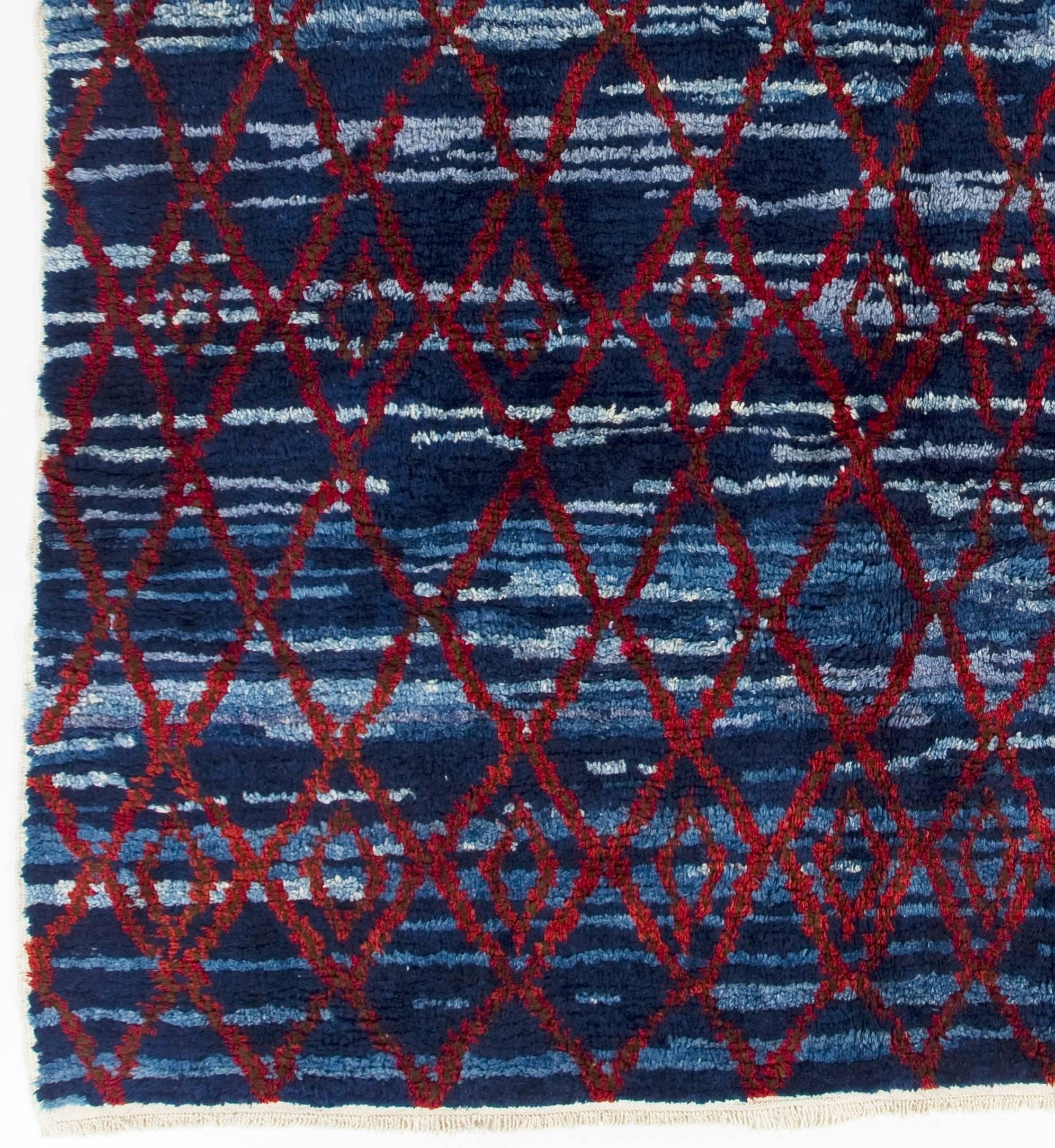 Hand-Knotted Modern Handmade Moroccan Rug in Blue & Red. 100% Wool. Custom Options Available For Sale