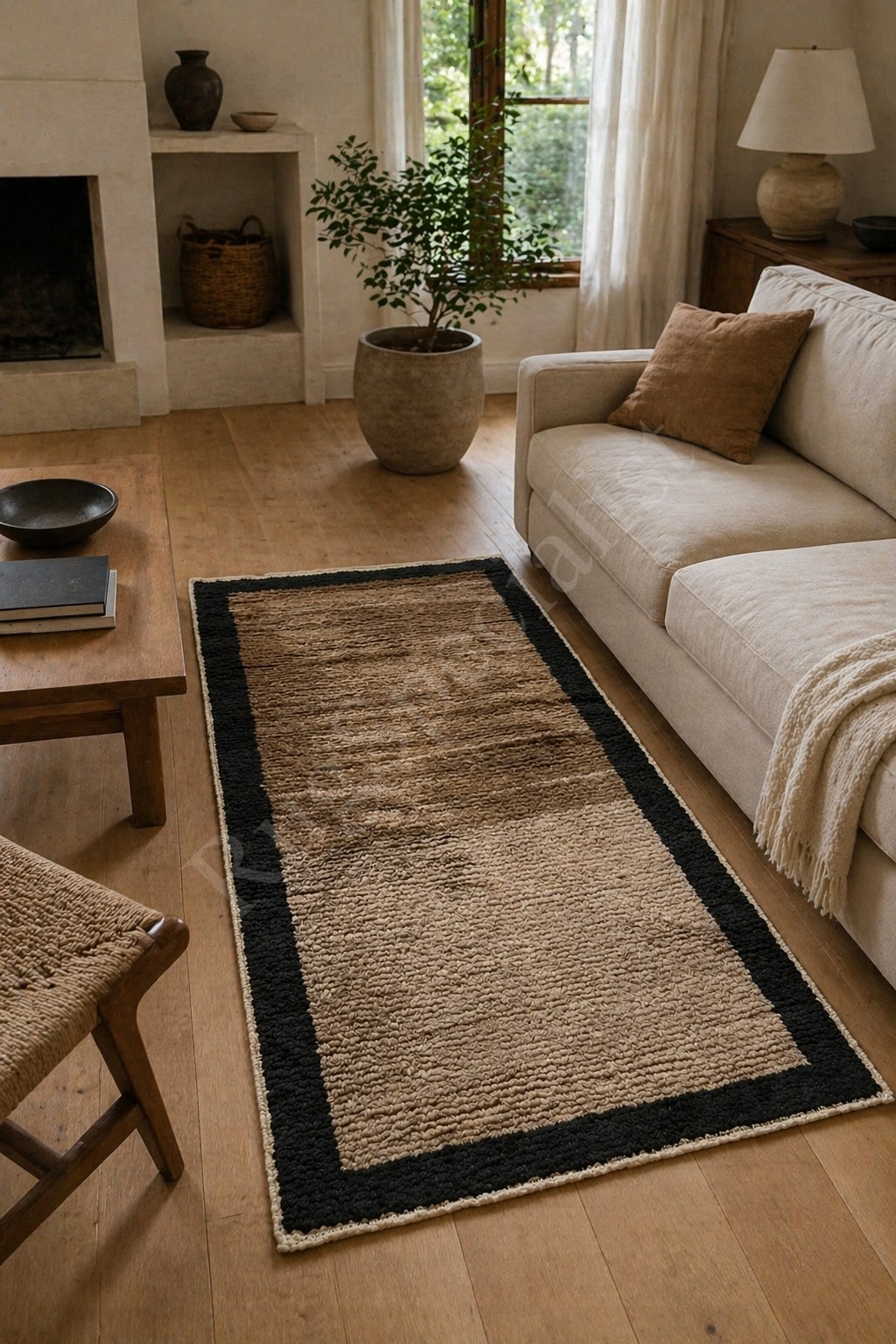 3.6x5.6 ft Handknotted Tulu Rug. 100% Wool. Beige, Brown and Black Border Design