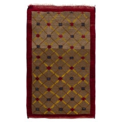 Tapis vintage noué à la main, 3,8 x 5,6 pieds, avec motif en treillis dans les tons marron, rouge et jaune