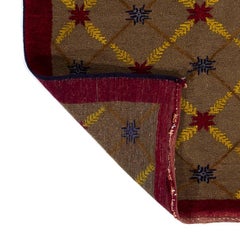 Alfombra vintage tejida a mano de 3,8 x 5,6 pies con diseño de celosía en marrón, rojo y amarillo