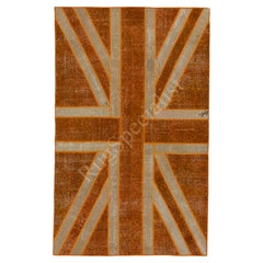 Union Jack British Flag Design Patchwork Rug. Vintage Hand-Knotted Orange Carpet