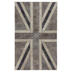 Union Jack British Flag Design Patchwork Rug. Vintage Hand-Knotted Gray Carpet