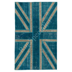 Union Jack British Flag Design Patchwork Rug. Modern Handmade Teal Blue Carpet
