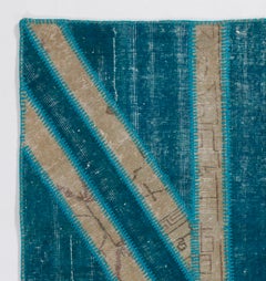 Union Jack British Flag Design Patchwork Rug. Modern Handmade Teal Blue Carpet