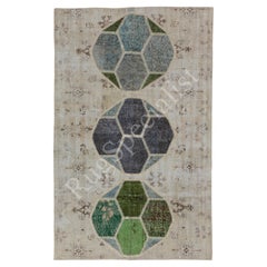 5x8 ft Hand-Knotted Beige, Green and Blue Patchwork Rug for Modern Living Room