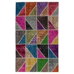 5x8 ft Colorful Geometric Handknotted Patchwork Rug. Custom Options Available