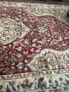 5.6x9.2 Ft Vintage Handknotted Floral Medallion Rug in Red, Ivory and Sage Green
