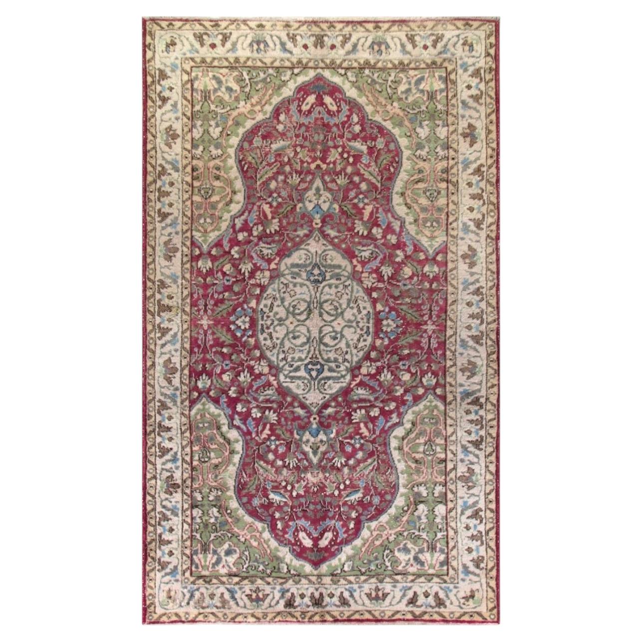 5.6x9.2 Ft Vintage Handknotted Floral Medallion Rug in Red, Ivory and Sage Green For Sale
