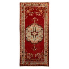 2.8x5.8 Ft Vintage Hand-Knotted Turkish Medallion Rug in Burgundy Red and Beige