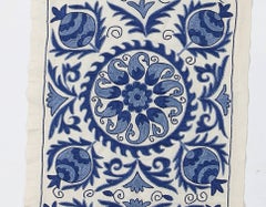 1.7x6.2 Ft Silk Embroidery Wall Hanging. Cream and Blue Suzani Table Runner