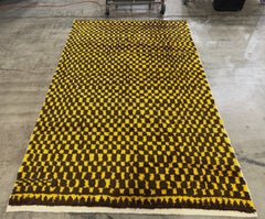 5x8 ft Hand-Knotted Checkered Tulu Rug. 100% Wool. Brown & Mustard Yellow Carpet