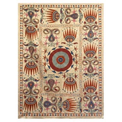 3.4x4.6 ft Silk Embroidered Wall Hanging. Beige Antique Design Suzani Bed Cover