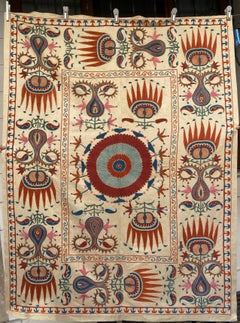 3.4x4.6 ft Silk Embroidered Wall Hanging. Beige Antique Design Suzani Bed Cover