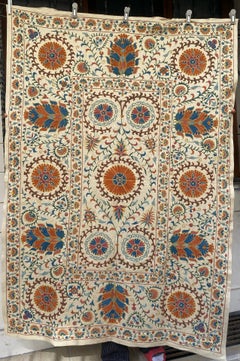 3.5x5 ft Silk Embroidered Wall Hanging. Suzani Bed Cover. Traditional Tablecloth