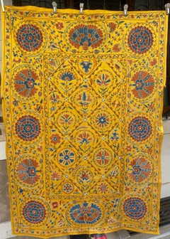 3.4x4.8 ft Silk Embroidered Wall Hanging. Yellow Bedspread. Suzani Table Cover
