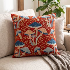 20"x20" Silk Embroidered Mushroom Pattern Cushion Cover. Red Suzani Throw Pillow