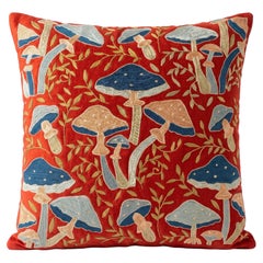 20"x20" Silk Embroidered Mushroom Pattern Cushion Cover. Red Suzani Throw Pillow