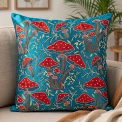 20"x20" Silk Embroidery Mushroom Pattern Cushion Cover. Blue Suzani Throw Pillow