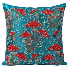 20"x20" Silk Embroidery Mushroom Pattern Cushion Cover. Blue Suzani Throw Pillow