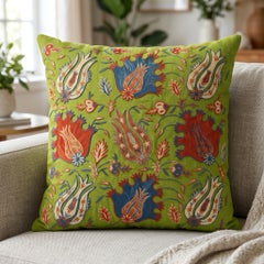 20"x20" Silk Embroidered Floral Cushion Cover. Green Suzani Uzbek Pillow Cover