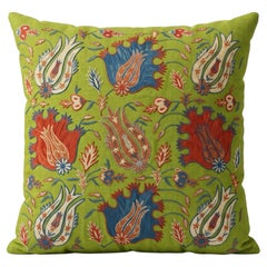 20"x20" Silk Embroidered Floral Cushion Cover. Green Suzani Uzbek Pillow Cover