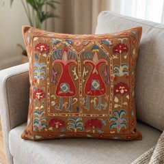 Funda de cojín bordada en seda de 20" x 20". Funda de almohada Suzani. Cojín decorativo marrón