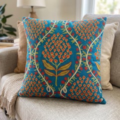 Funda de cojín floral bordada en seda de 20" x 20". Funda de almohada azul. Almohada acentuada