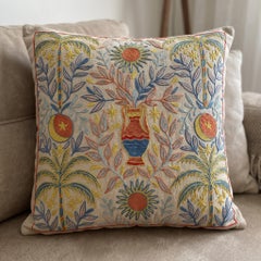 20"x20" Silk Embroidery Suzani Cushion Cover. Palm Tree Pattern Throw Pillow