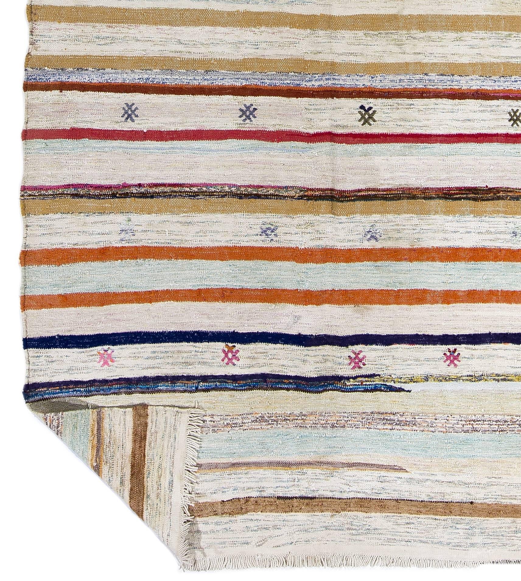 Turkish Cotton Anatolian Kilim Runner with Colorful Stripes