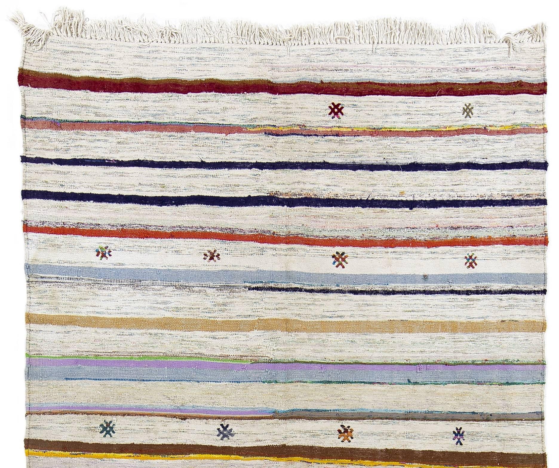 Hand-Woven Cotton Anatolian Kilim Runner with Colorful Stripes