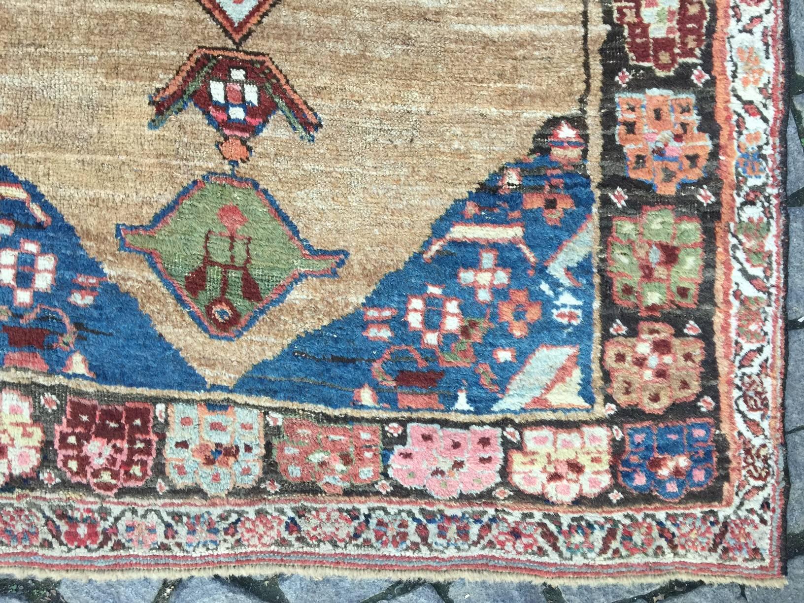 Hand-Knotted Antique Tribal Persian Bidjar Rug with Camel Wool. Ca late 19th Century