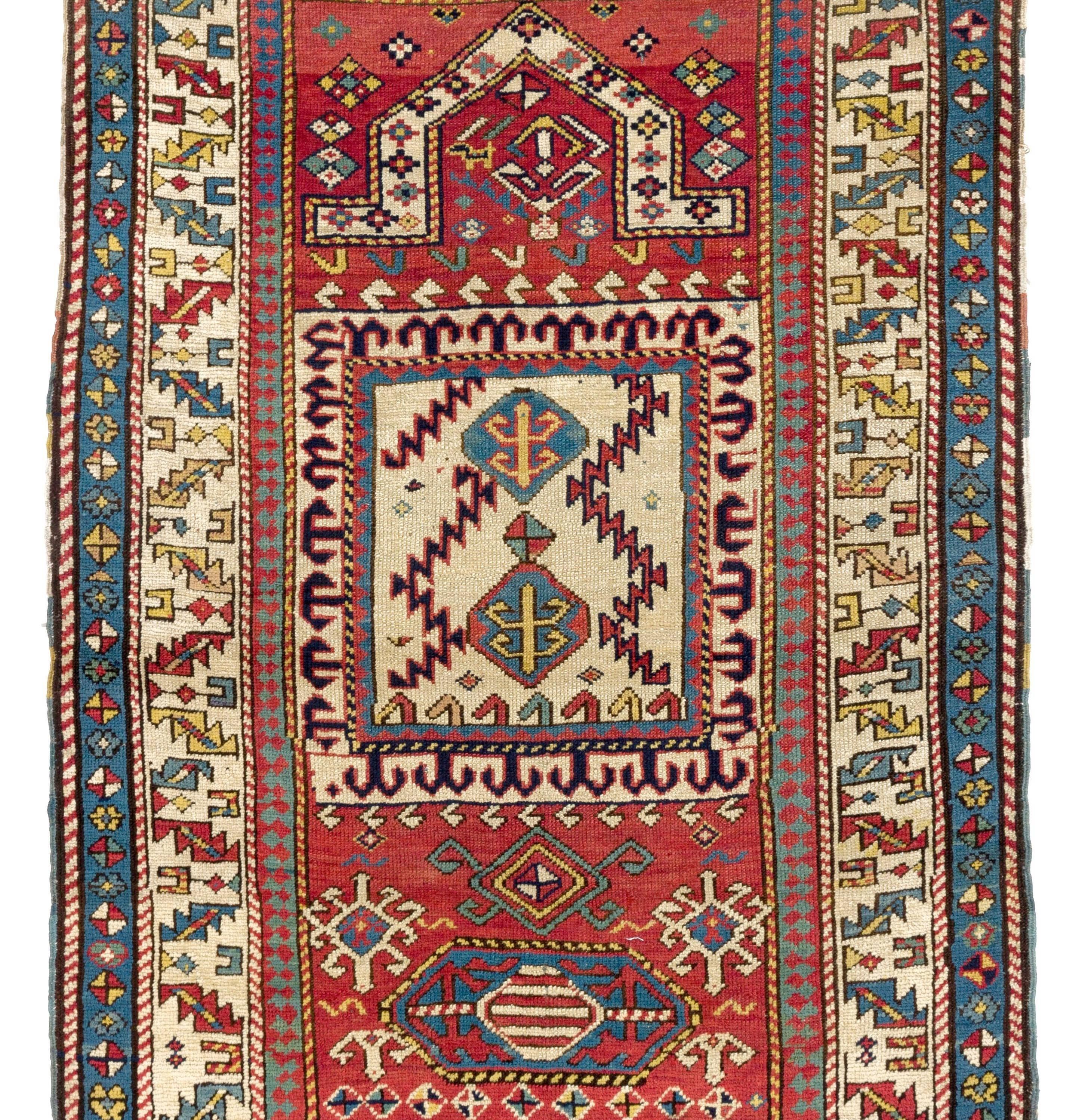 Antique Caucasian Kazak prayer rug, one of a kind, circa 1875
Very good condition, all original.