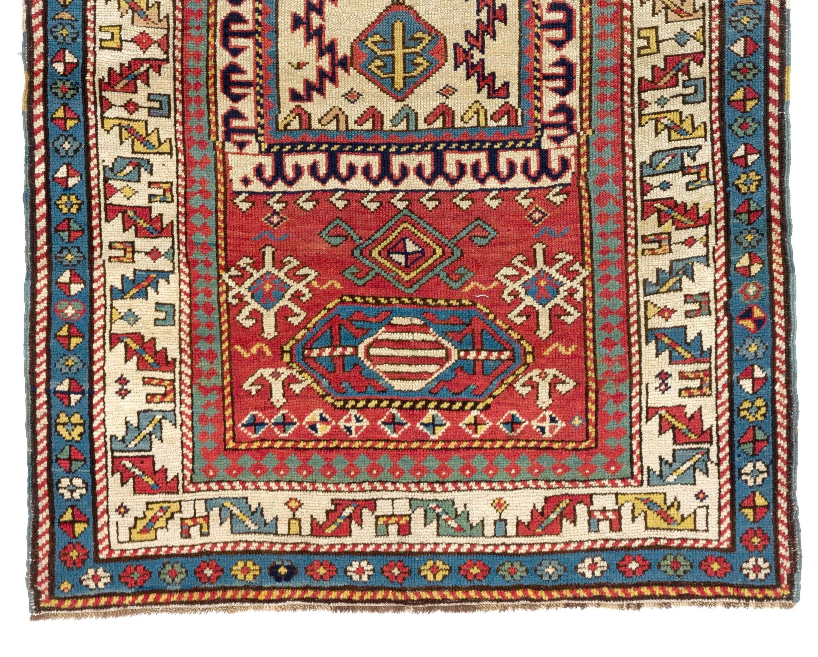 Hand-Knotted Antique Caucasian Kazak Prayer Rug, One of a Kind, circa 1875