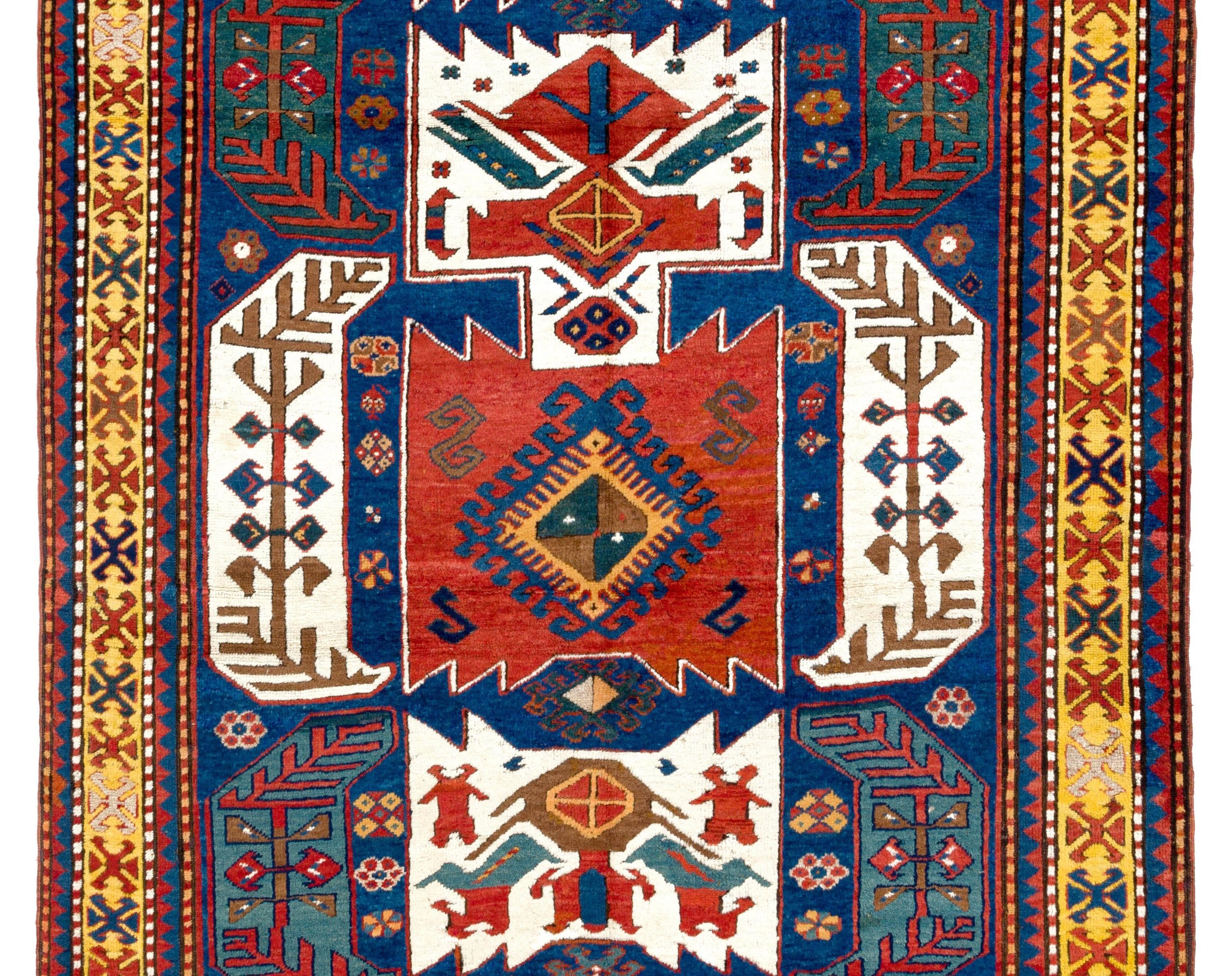 Hand-Knotted 5.4 x 9 Ft Antique Caucasian Kasim Ushak Kazak Rug. Excellent Original Condition