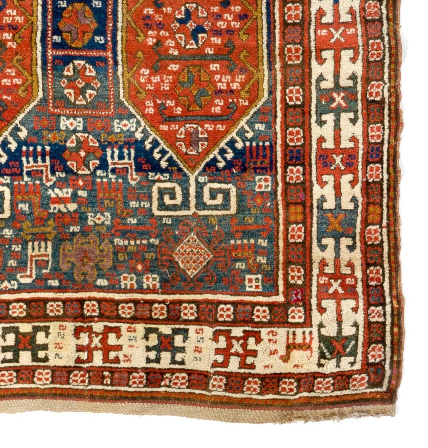 Hand-Knotted Antique Caucasian Karabakh Runner Rug, Tribal Carpet, Full Pile. 4.2 x 9.3 ft