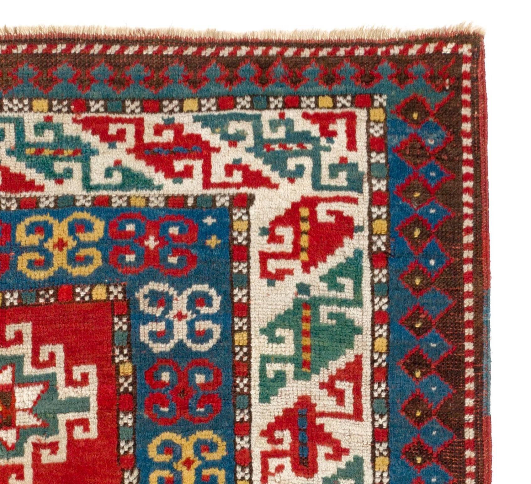 Hand-Knotted Vibrant Antique Caucasian Kazak Rug