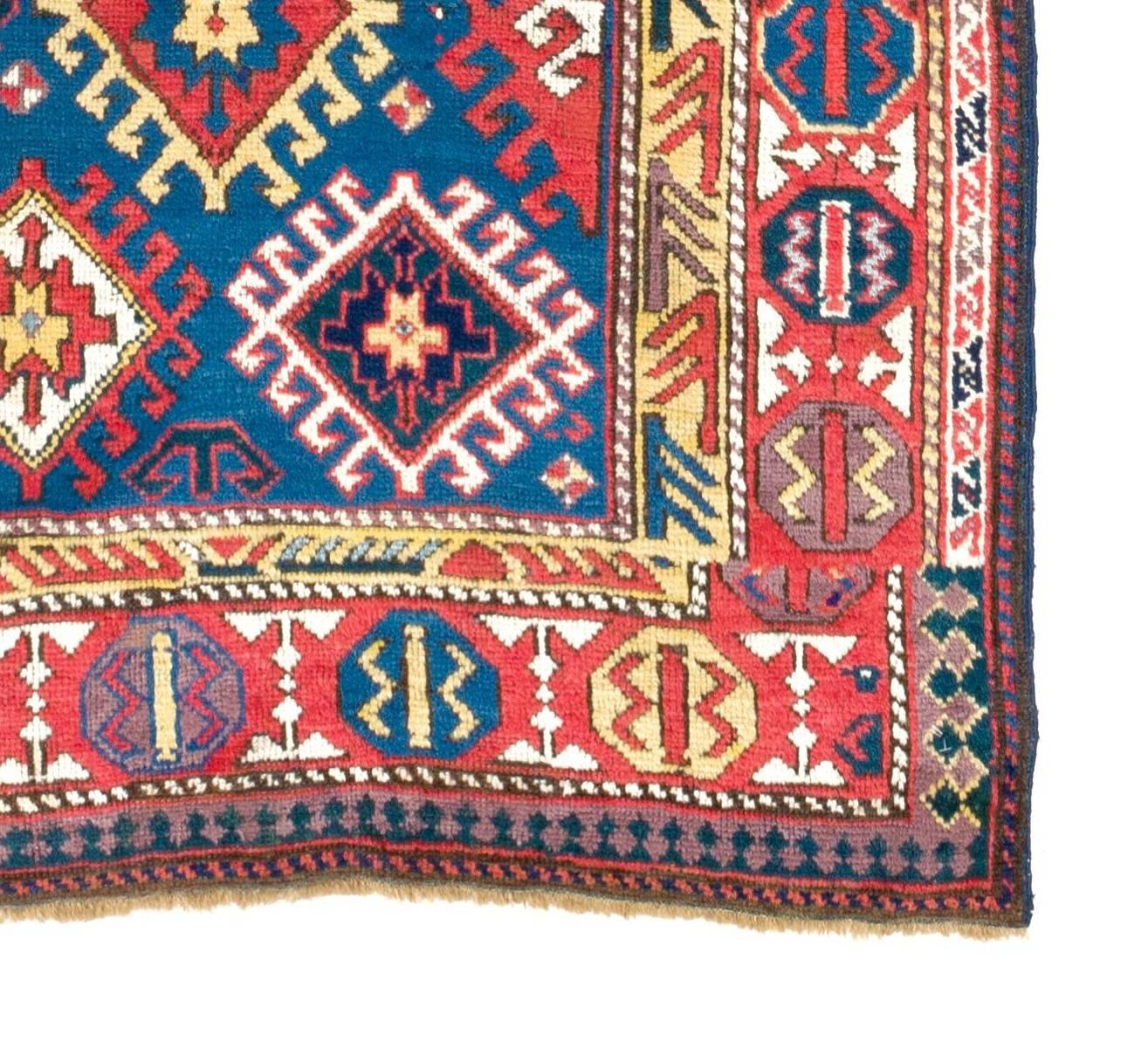Hand-Knotted Antique South Caucasian Kazak Runner Rug. Rare Blue Ground and Wefts. Ca 1880