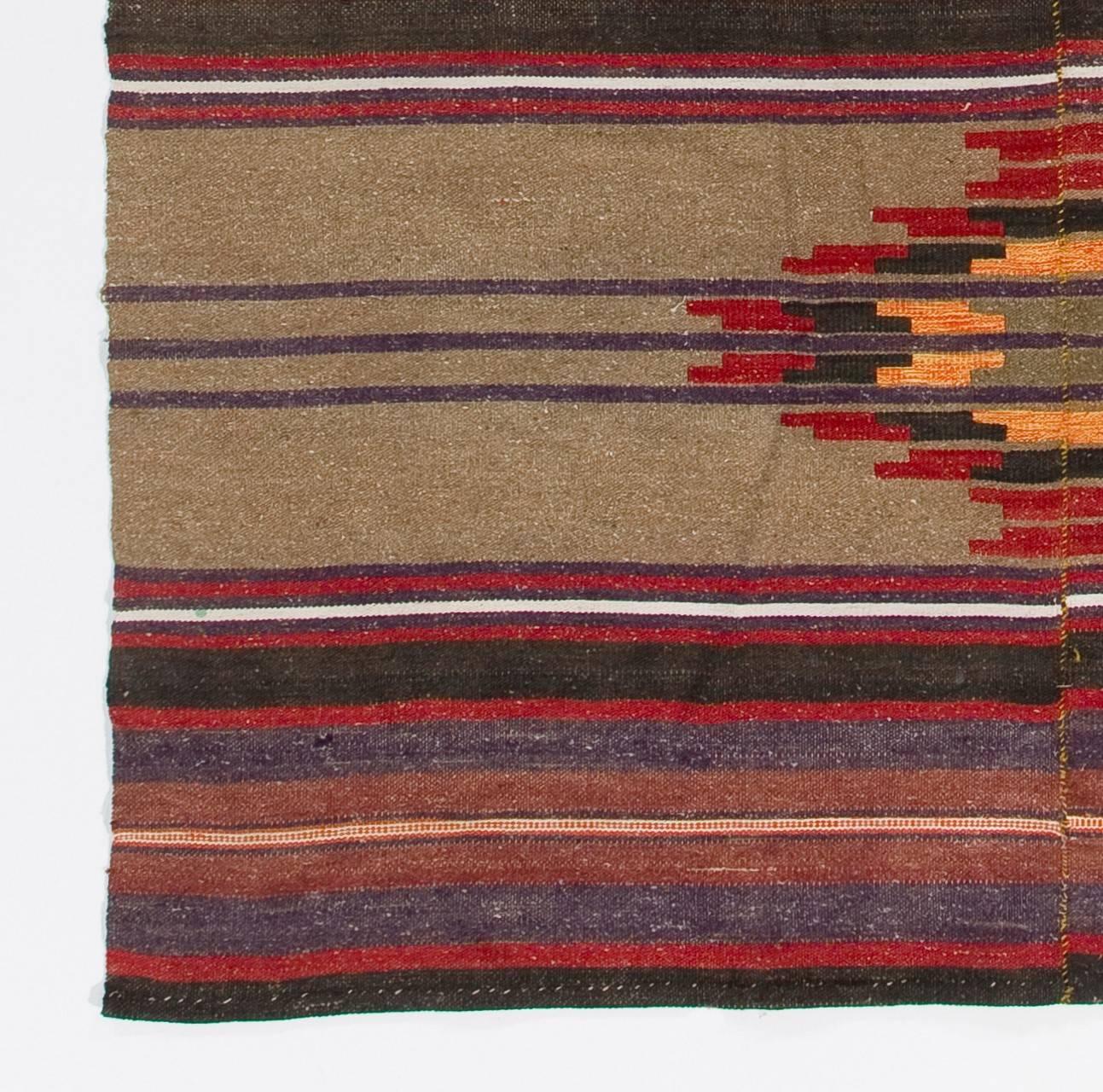 Hand-Woven Vintage Geometric Anatolian Flat-Weave Kilim Rug. South Western Style. 100% Wool