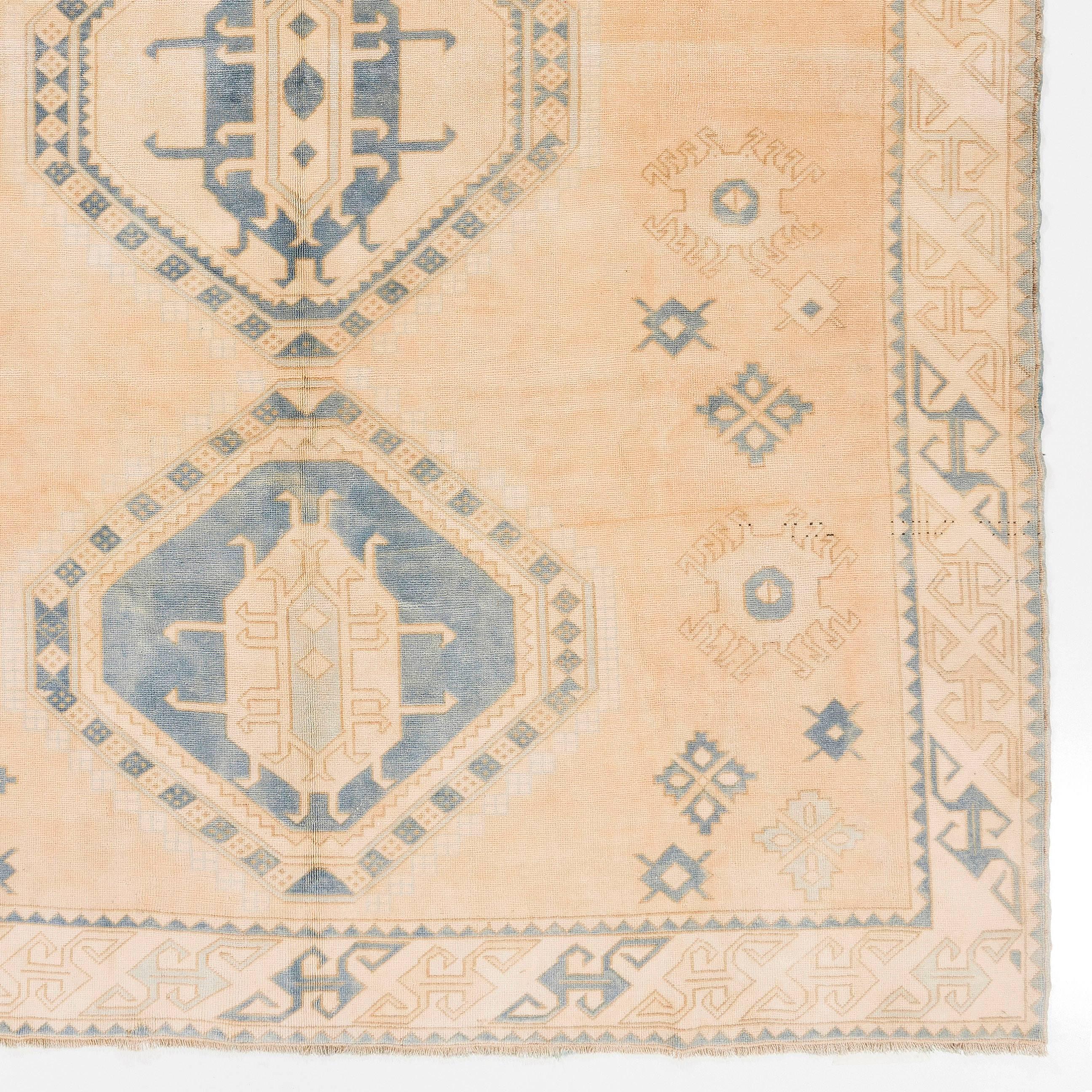 Oushak 9.7x12.6 Ft Vintage Anatolian Rug in Salmon Pink, Cream and Light Blue Colors For Sale